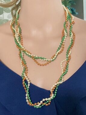 Mardi Gras Multi-Strand Green, Gold & Cream Bead Necklace